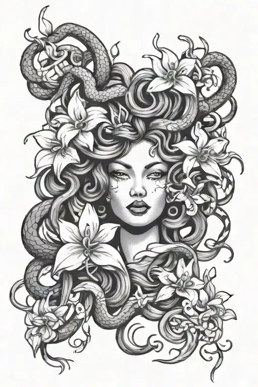 Medusa Face With Snakes And Orchids In Hair