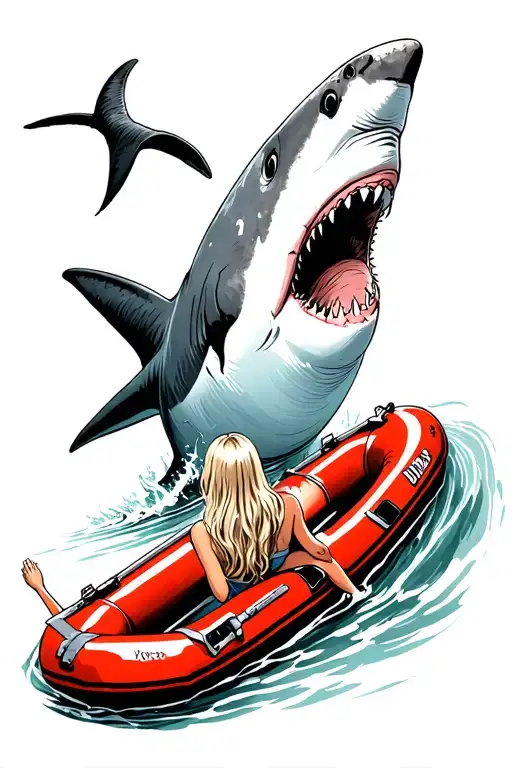 Birds Eye View Of Blonde Girl Looking Over A Red Life Raft Into The Ocean At A Happier Head Shark