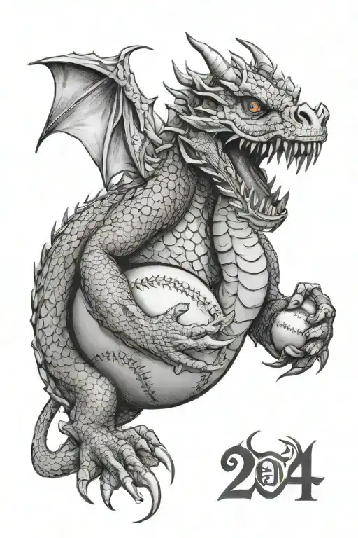 Realistic Dragon Holding A Baseball With The Number Twenty Four Inside The Baseball