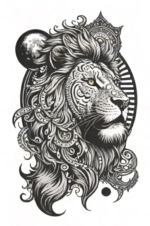 Lion Roaring With The Moon Phases With Dot Work Around And One Of The Lions Eye Has A Dna Strip
