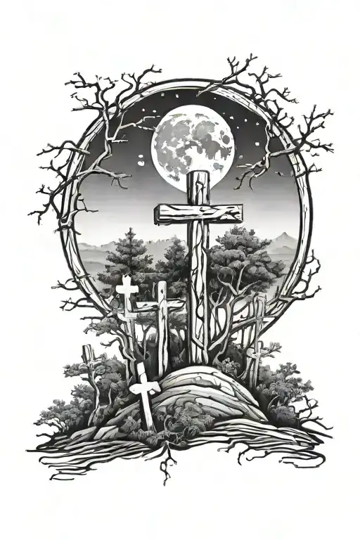 Red Moon Over A Forest With Wooden Crosses Mixed