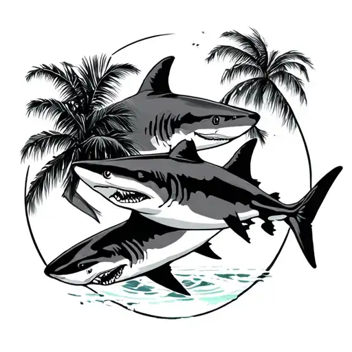 Sharks With Shadow Frame With Palm Tree