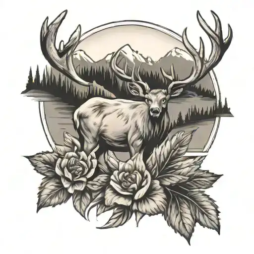 Montana Whitetail Deer Head With Mountains And Trees And River Violet Flower