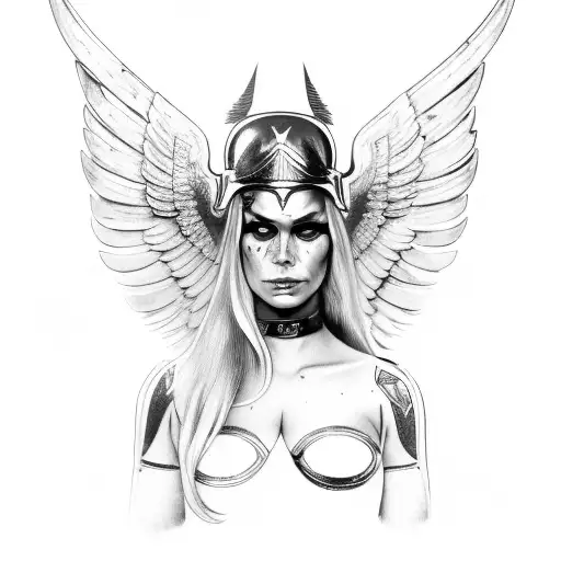 Valkyrie Portrait With Face Tattoo And Wing Helmet And Blood On Her Neck