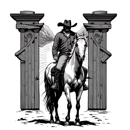 Cowboy On Horse Standing Still Facing The Big Gates Of Heaven