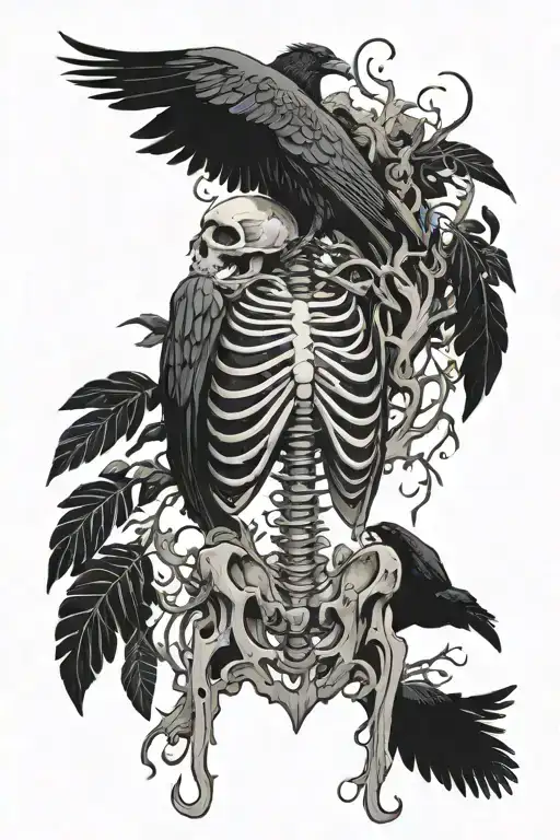Skeleton Spine With Ravens And Tree