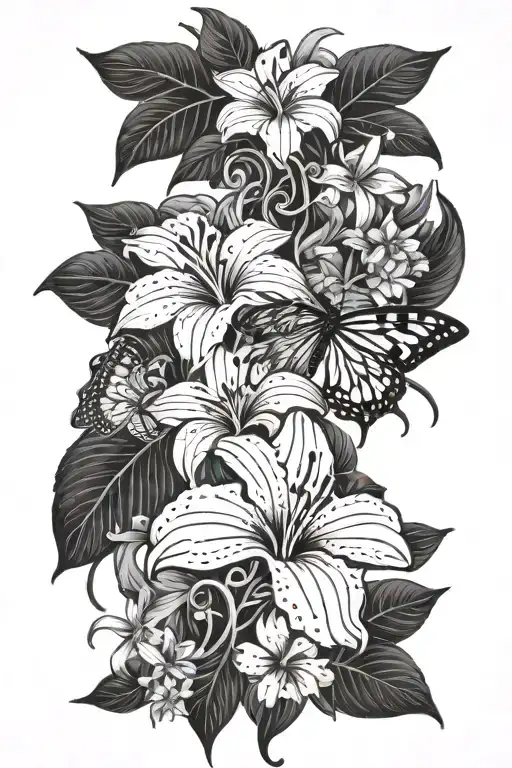 Long Vine Tattoo With Butterfly At Top And Tiger Lily And Hibiscus Flowers Leading Down