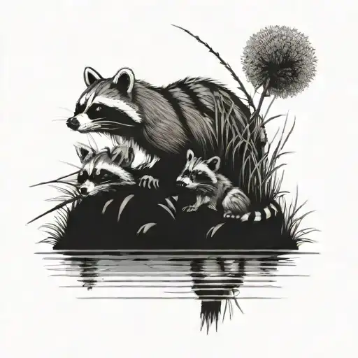 Raccoons Playing In Grass While People Are Fishing On A Pontoon Boat And Six People Fishing