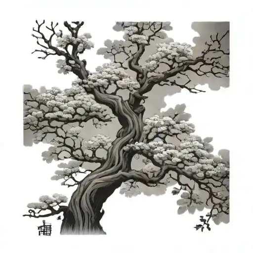 A Detailed Japanise Tree Woth Dlowing Branches Amd Blossoms