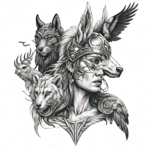 A Realistic Portrait Of A Valkyrie With The Big 5 Animals As Her Companions In A Black-grey Style
