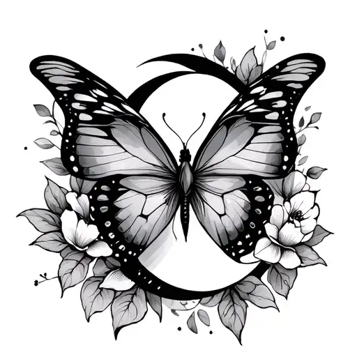 Fine Line Butterfly With Crescent Moon