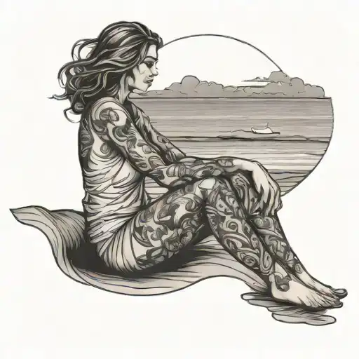 Woman Sitting At A Beach Sunset