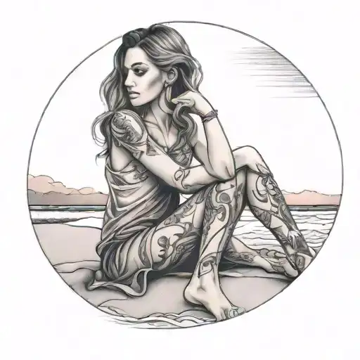 Feminine Woman With No Tattoos Sitting At A Beach Sunset Scene