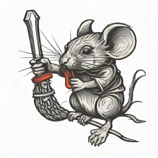 Woodcut Mouse With Big Ears And Needle Sword Around His Wait With Red String