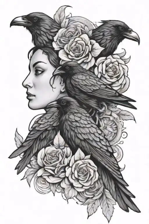 Raven And Woman Face Surrounded
