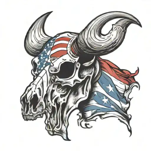 Cracked And Shaded Long Horn Cow Skull With The American And Colombian Flag On It
