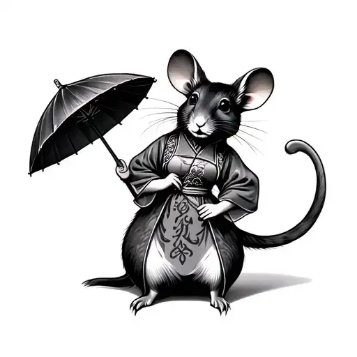Japanese Stylised Beautiful Lady Rat Standing And Holding A Parsol While Dressed Ina Dress
