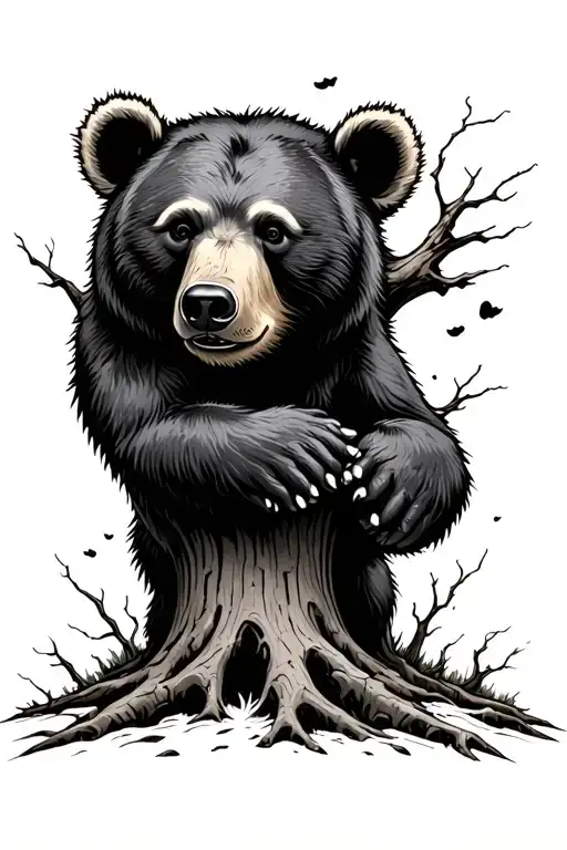 Tree Trunk With Bear Coming From Hole