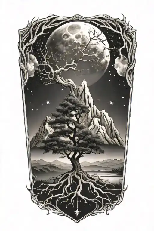 Tree With Roots And A Mountain Background With Outerspace And Heaven Above Inside Diamond