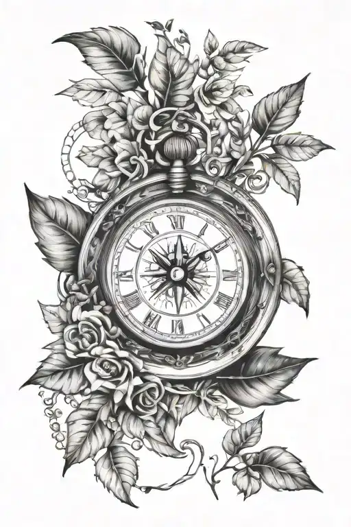 Half Compass Half Clock Surrounded With Greenery Leaves And Branches