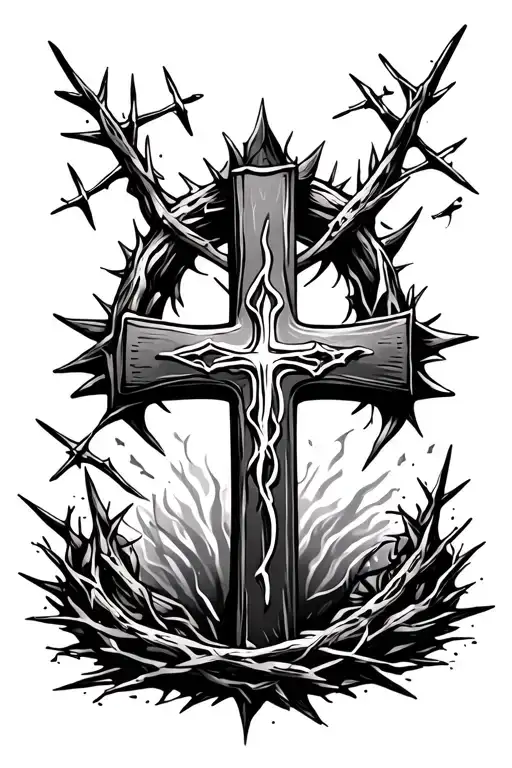 Three Cross Tattoo And Bible Verse With Crown Of Thorns