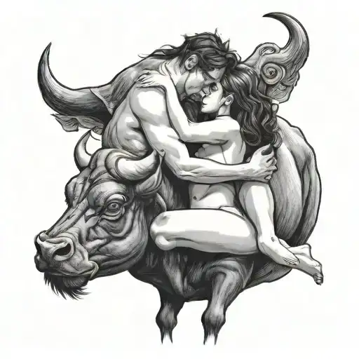 Nude Woman Loving On A Black Bull