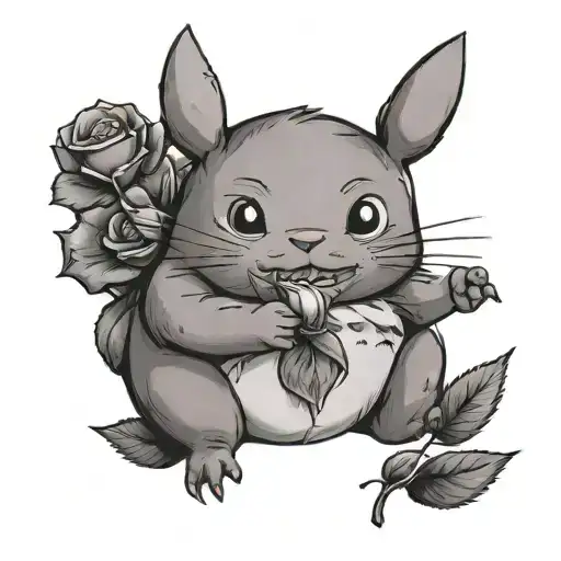 Baby Totoro Holding A Rose In His Hands