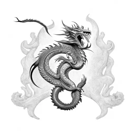 Black And Grey Realism Styled Dragon With Korean Character In Middle And Christian Related