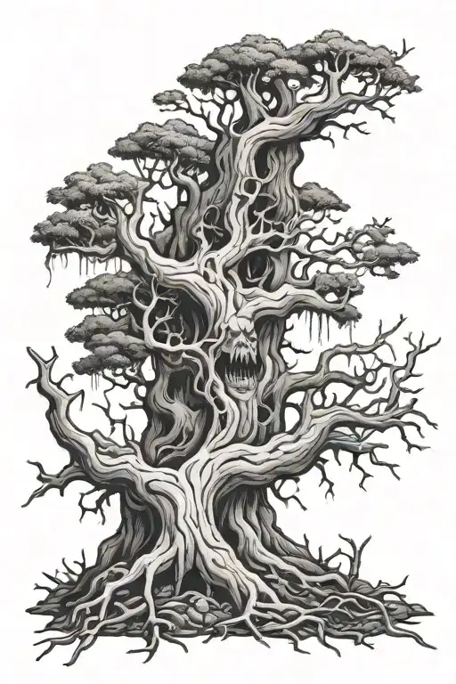 Dead Tree With Devil Crawling Up Roots From Underground