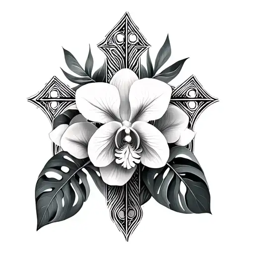 Monstera Leaves With Orchid Flowers Around A Cross