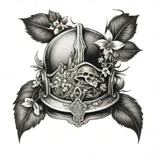 An Intricate Tattoo Showcasing A Military Helmet Surrounded By Mountains And Wildflowers