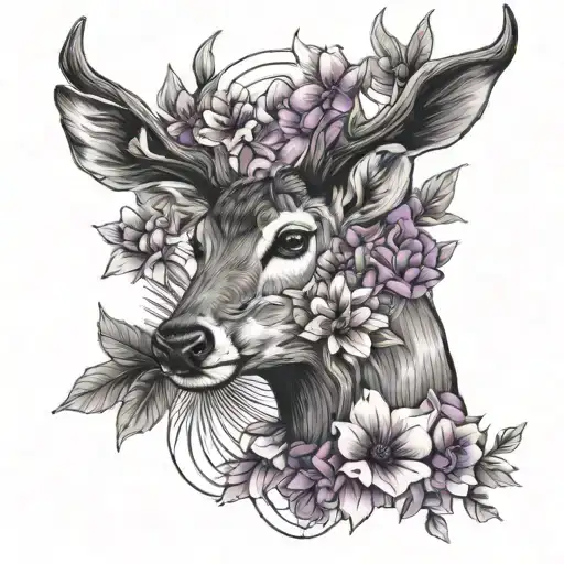 Fine Line Black And Gray Deer With Mountain River And Violet Flowers