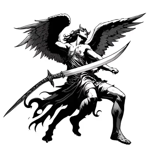 Angel With Barberian Look Swinging A Sword At A Demon