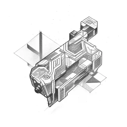 A Sketch Style Tattoo Of A Futuristic Gun Design With Abstract Geometric Shapes And Patterns