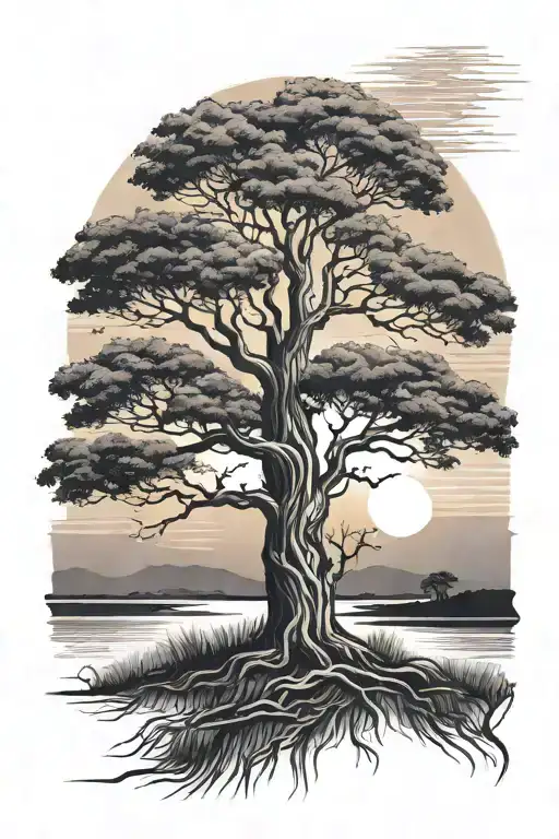 Tree Of Savannah And Sunset