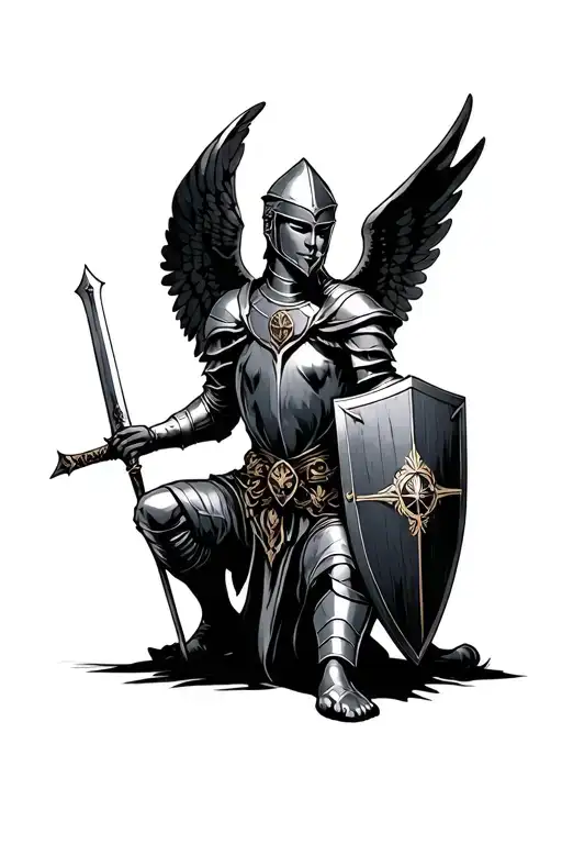 Knight Holding Sword And Shield Kneeling One Knee Angel