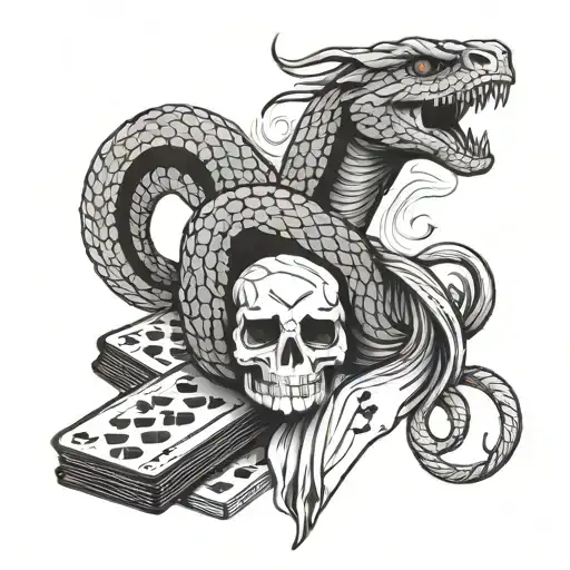 Viper Coiled With A Little Bird And Playing Cards And A Gun