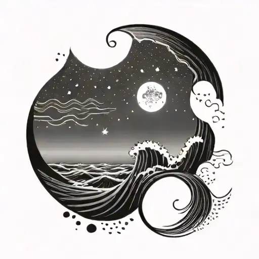 Minimalist Tattoo With Ocean Waves And A Moon With Stars And Dots