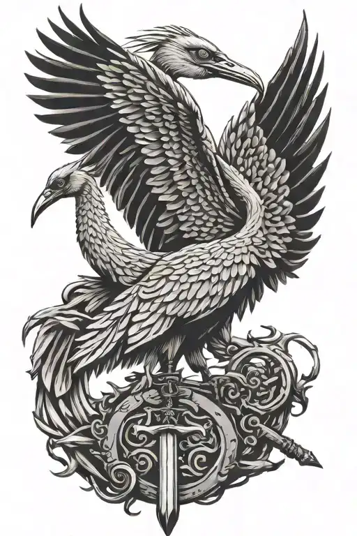 Dark Fantasy Engraving-style Crane Wrapped Around A Medieval Battle Axe