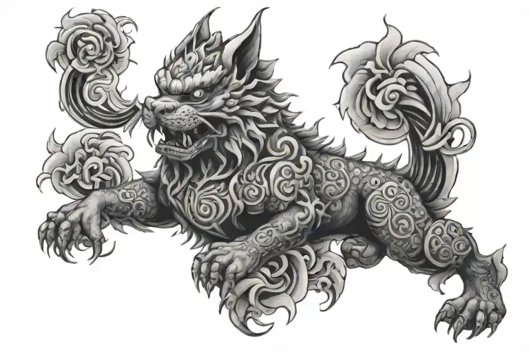 Foo Dog Inside With Bands Above And Below With Spider Lillys