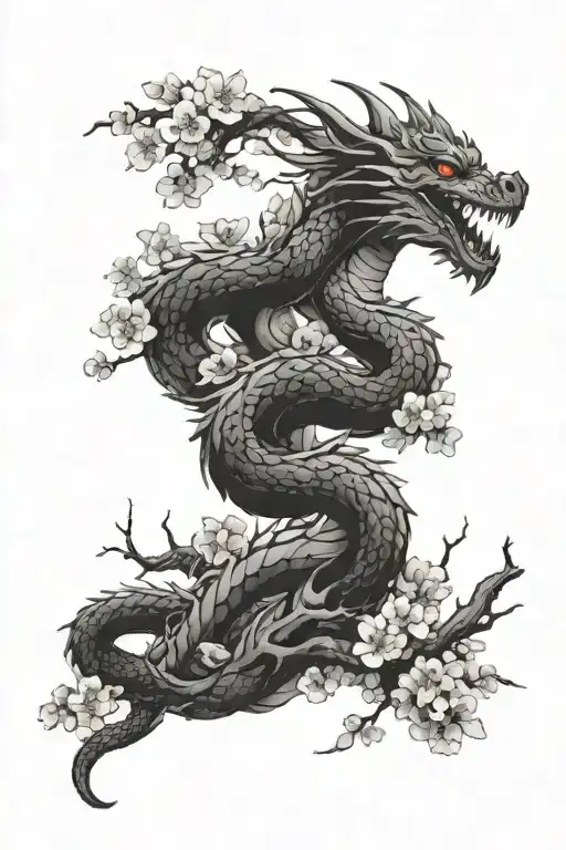 Spine Tattoo Of Dragon And Cherry Blossom Tree
