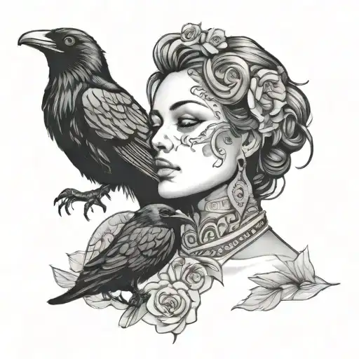 Raven And Woman Face Surrounded