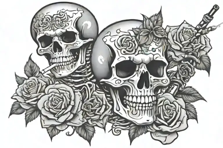 Skeleton Smoking Cig With Roses Intertwined