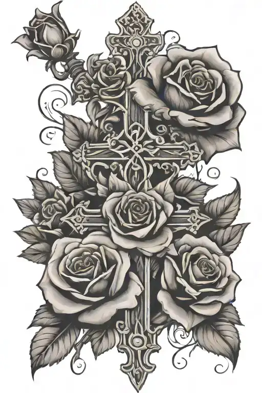 Roses And Christian Cross With Flowers Growing