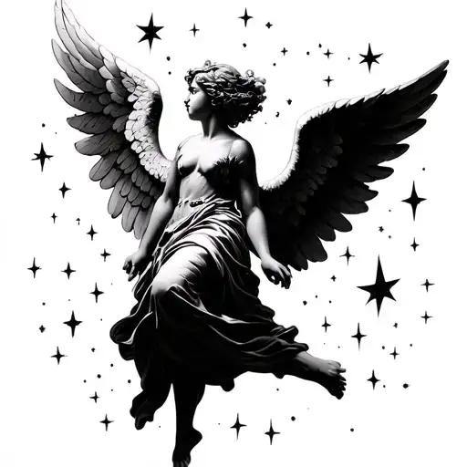 An Angel Falling From The Sky Back First Filled With Stars