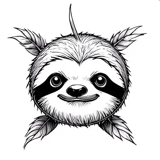 Coconut With Sloth Face Black And White Simple Line Drawing
