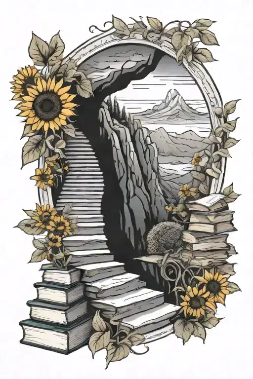 Staircase Of Books Leading Up A Mountain Landscape Surrounded By Sunflowers