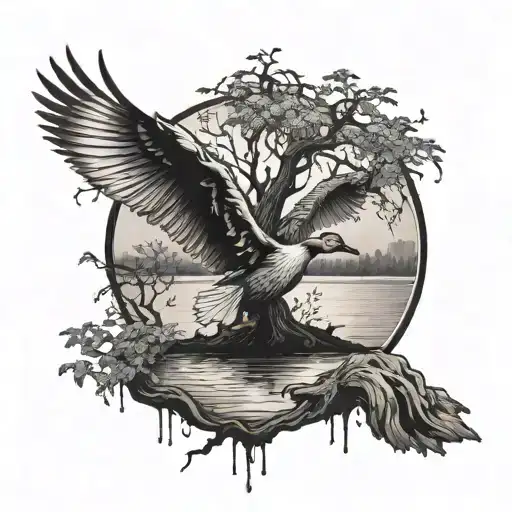 Duck Landing Open Wings With A Old Tree Growing With Water Surrounding It