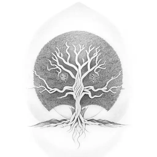 A Black-grey Tattoo Of A Tree Of Life With Each Branch Representing A Different Norse Rune