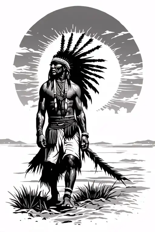 Native Indian Walking Toward Sunset